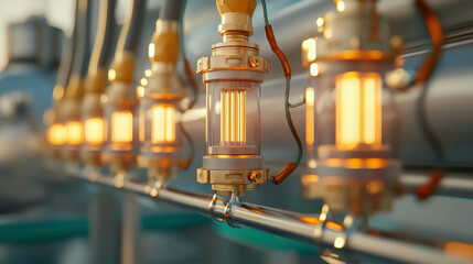 A close-up view of illuminated gas light fixtures mounted along a metallic pipeline, showcasing warm glowing bulbs against a blurred industrial background.