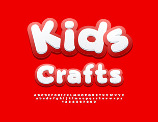 Vector creative emblem Kids Crafts. Cartoon style Font. Funny White and Red Alphabet Letters and Numbers set.