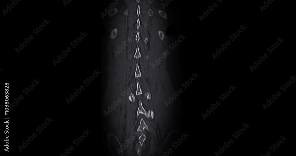 Poster ct scan l-s pine showing t12 compression injury, where the front part of the bone has collapsed slig