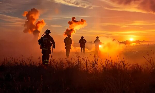 Firefighters conducting controlled burns to prevent wildfires, carefully managing flames to reduce fuel buildup and protect surrounding areas, demonstrating proactive fire management