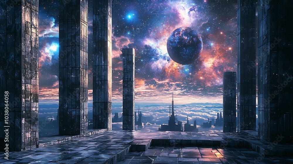 Aufkleber Exploring a futuristic urban landscape with celestial views and transparent architecture amidst a cosmic background