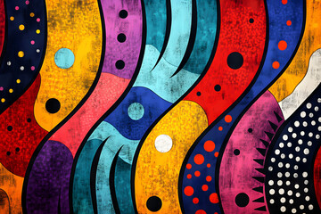 Obraz premium Colorful graffiti mural with abstract shapes, stars, and geometric patterns on a brick wall, showcasing vibrant urban street art. 