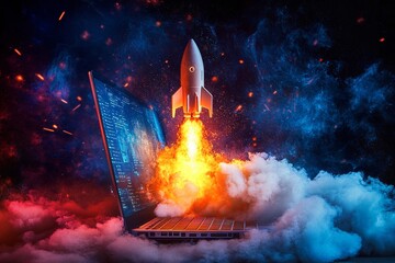 Rocket launching from a laptop display, colorful flames, tech explosion, cyber theme