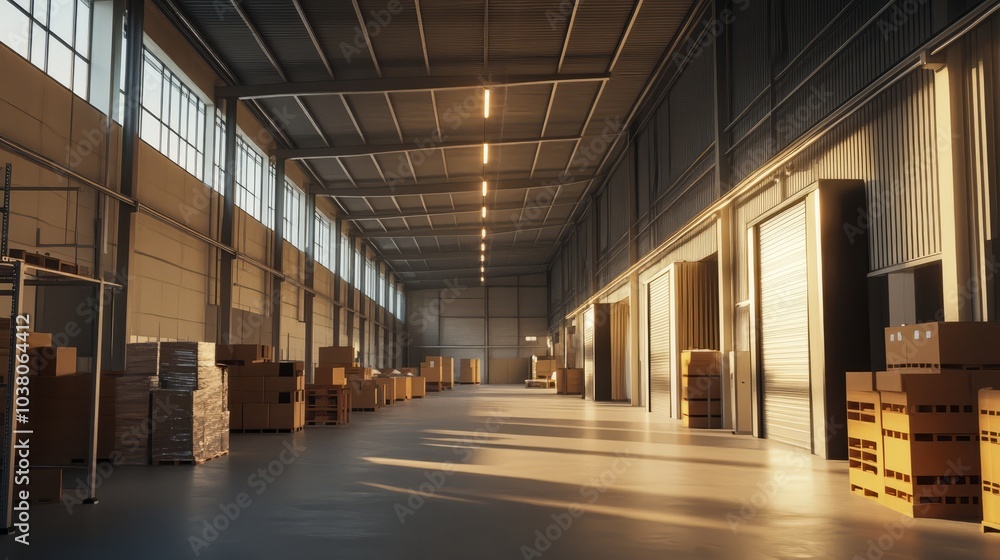 Poster warehouse interior: sunlight streams through the expansive windows of a modern warehouse, illuminati