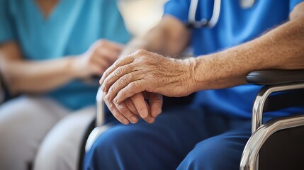 Obraz premium Close-up of the hands of an elderly patient sitting in a wheelchair.