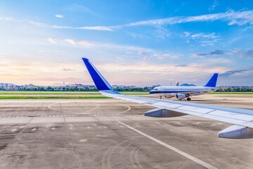 Commercial airliner taxiing on the runway ready to take off