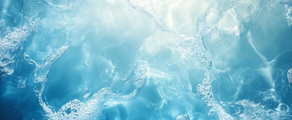 Naklejka premium Top View of Transparent Dark Blue Water Surface with Ripples and Sunlight Reflections, Abstract Background Perfect for Cosmetic Products, Featuring Copy Space for Branding