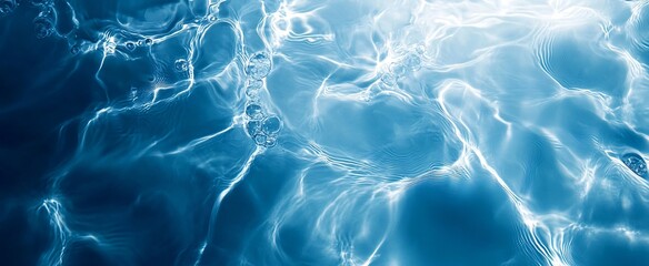 Top View of Transparent Dark Blue Water Surface with Ripples and Sunlight Reflections, Abstract Background Perfect for Cosmetic Products, Featuring Copy Space for Branding