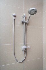 Silver shower head closeup in bathroom