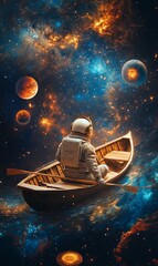 Astronaut rows boat through starry space.