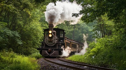 Vintage Steam Locomotive Emerging from a Lush Green Forest, Trailing Wisps of White Smoke, Capturing the Nostalgia of Train Travel in a Natural Setting