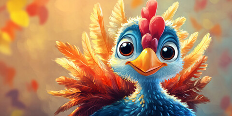 Fototapeta premium A close-up image of a cartoon chicken with colorful feathers and a cute expression.