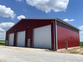 Red Metal Building with Three Garage Doors 