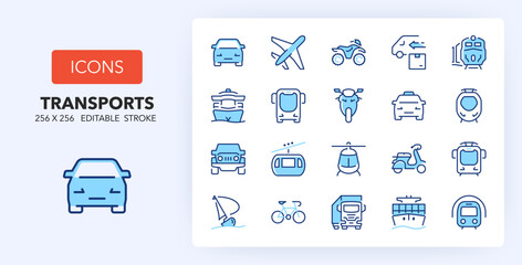 Line icons about public and private transport. Contains such icons as subway, airplane, bike and more. 256x256 Pixel Perfect editable in two colors