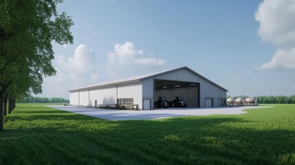 Modern Agricultural Storage Facility: A sleek, modern industrial building with a large garage door and a clear, spacious interior, perfect for storing equipment and supplies for modern agriculture.  