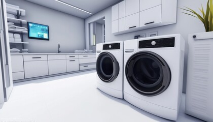 A modern laundry room featuring white appliances and a sleek design, emphasizing cleanliness and functionality.
