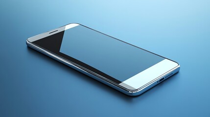 A silver smartphone with a blank screen lies on a blue surface.