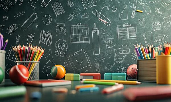 School Supplies and Blackboard with Drawings