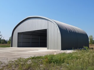 Obraz premium Quonset Hut Exterior: A sturdy, gray metal quonset hut stands majestically against a clear blue sky, showcasing its spacious interior and practical design. Perfect for storage, workshops.