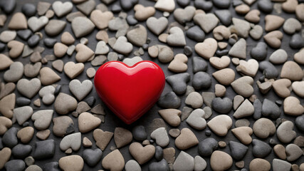 Obraz premium A bright red heart sits among various grey pebbles, creating a striking contrast on a cool surface.