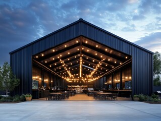 Modern Industrial Dining Pavilion: A sleek, modern black steel pavilion with string lights illuminates a spacious outdoor dining area under twilight sky.
