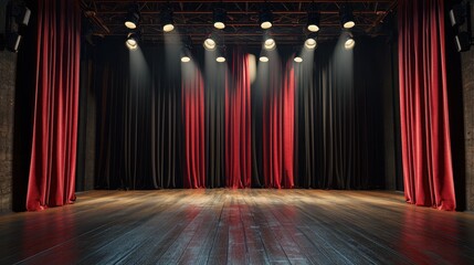 Empty 3D Theater Room with Red Curtains and Stage Lights