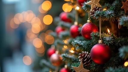 Obraz premium Beautifully Decorated Christmas Tree with Ornaments and Soft Lighting