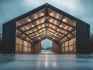 Fototapeta premium Modern Aircraft Hangar at Dusk 