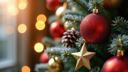 Obraz premium Close-up of Christmas Tree Ornaments and Pinecones with Bokeh Background