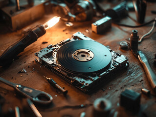 Obraz premium disassembled hard drive sits on workbench, surrounded by various tools and components, illuminated by warm light. intricate details of machinery evoke sense of curiosity and craftsmanship