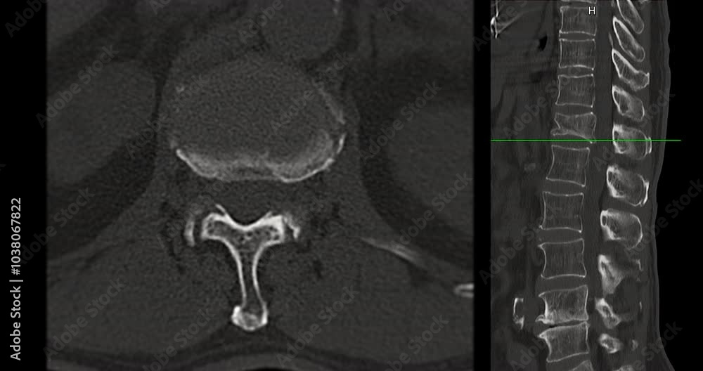 Poster ct scan l-s pine showing t12 compression injury, where the front part of the bone has collapsed slig