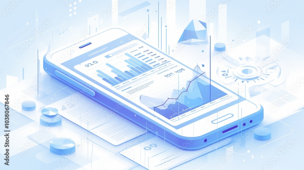Poster futuristic smartphone displaying data analytics in blue tones