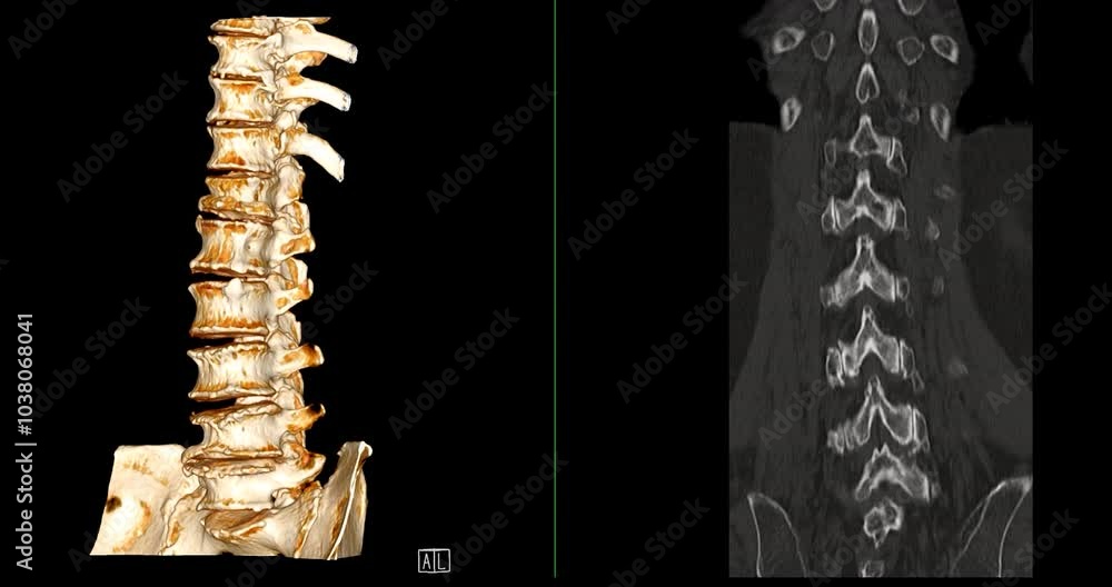 Poster ct scan l-s pine showing t12 compression injury, where the front part of the bone has collapsed slig