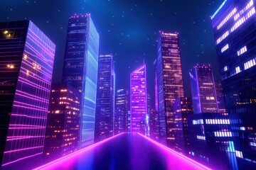 Obraz premium A vibrant, futuristic cityscape illuminated by neon lights, showcasing sleek skyscrapers and a glowing pathway.