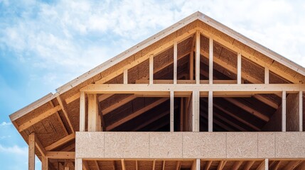 Fototapeta premium Building construction of wooden frame house made of SIP structural insulated panels. OSB oriented strand board