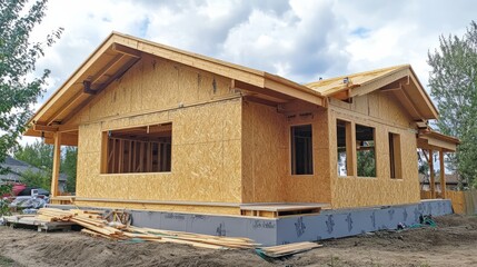 Building construction of wooden frame house made of SIP structural insulated panels. OSB oriented strand board, EPS expanded polystyrene. Energy-efficient eco-friendly green Canadian technology