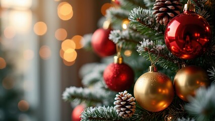 Obraz premium Close-up of a Festively Decorated Christmas Tree with Bokeh Background