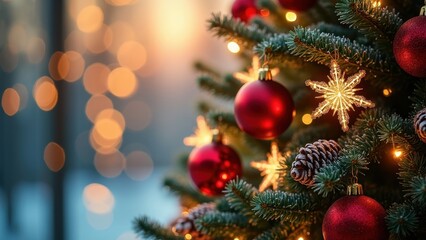 Obraz premium Elegant Christmas Tree with Red and Golden Ornaments and Snowflakes