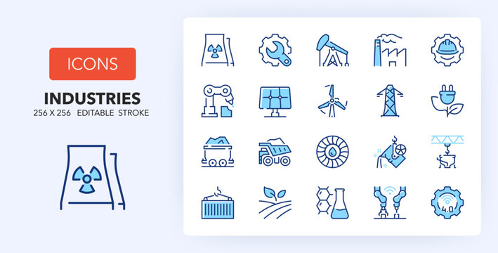 Line icons about industrial sectors. Contains such icons as mining, solar energy, robotic and more. 256x256 Pixel Perfect editable in two colors