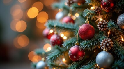 Elegant Christmas Tree with Red and Silver Ornaments