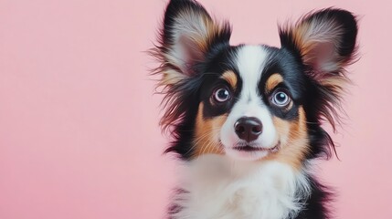 Fototapeta premium A small dog with black, white, and brown fur looks at the camera.
