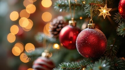 Obraz premium Christmas Ornaments Hanging on a Snow-Covered Tree