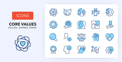 Line icons about core values. Contains such icons as social responsibility, community, integrity and more. 256x256 Pixel Perfect editable in two colors