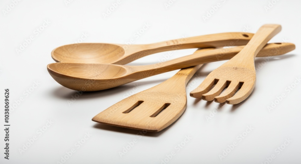 Wall mural wooden kitchen utensils on white background