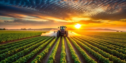 Fototapeta premium A single tractor moves through a field of rows of crops, the sun setting behind the vehicle, casting long shadows and illuminating the sky with a warm glow.