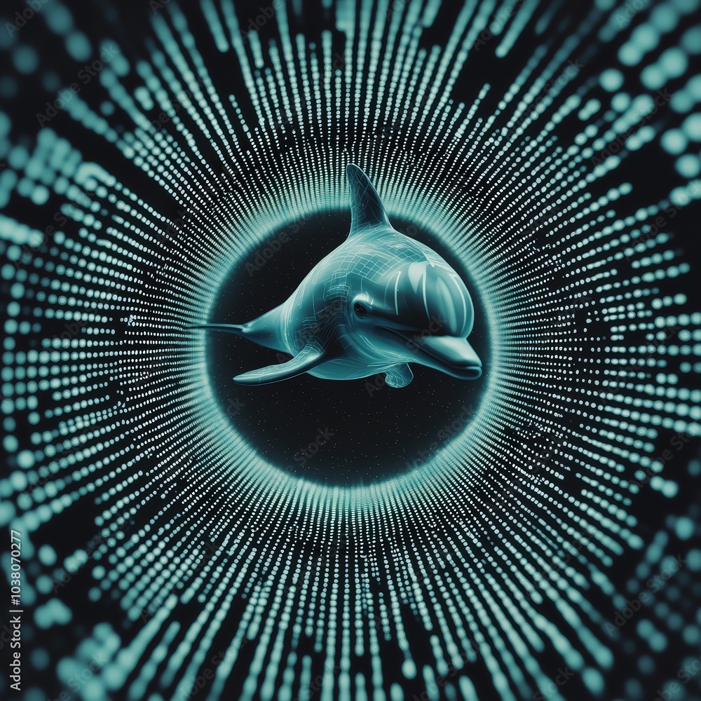 Poster a captivating illustration of a dolphin swimming through a digital ocean of binary code, merging nat
