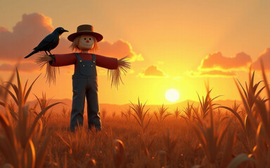 Fototapeta premium Scarecrow and Crow in the Sunset