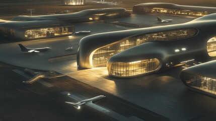 Futuristic Airport at Dusk: An illustration of a futuristic airport terminal at dusk, illuminated by warm lights.  The sleek, modern architecture contrasts with the surrounding darkness.