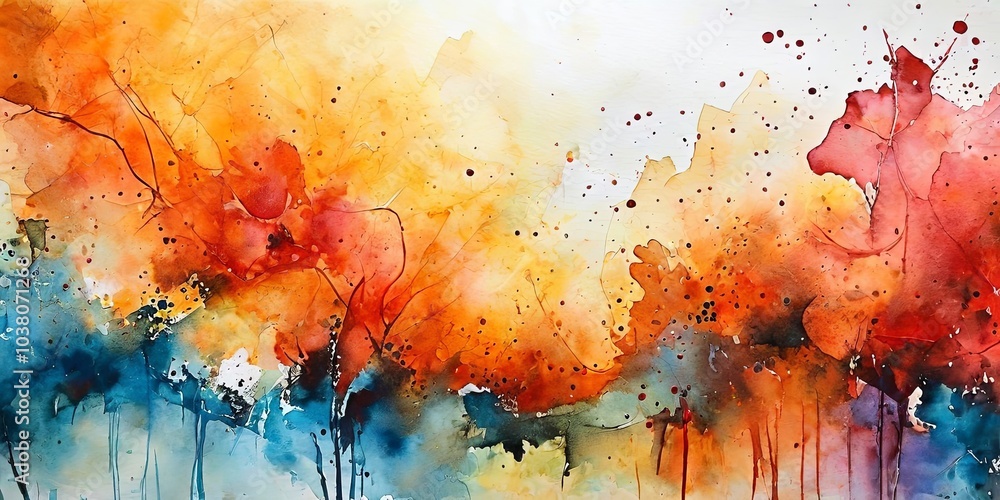 Poster a painting of a forest with a splash of red and orange