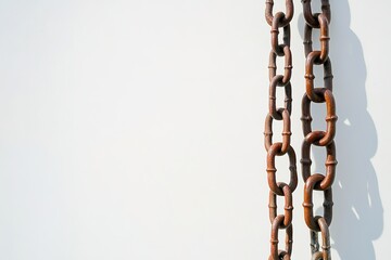 Rusty chains dangling on simple white backdrop